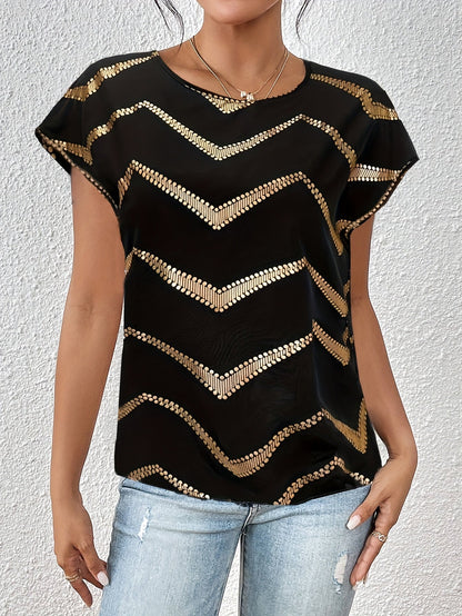 Damen Elegantes Party Shirt mit Glänzendem Zickzack-Muster – Stilvolles Kurzarm Top für Freizeit und Ausgehen