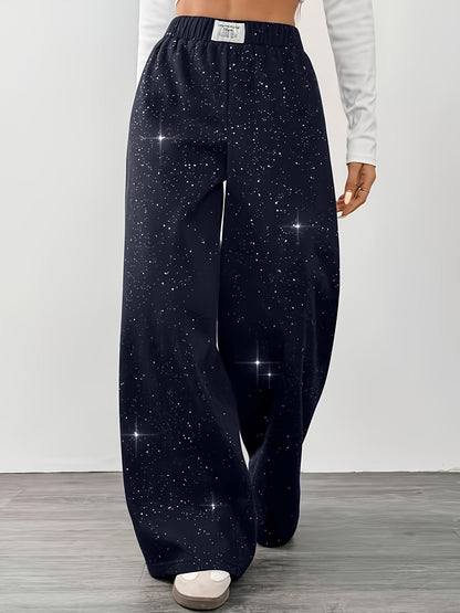 Damen Weite High-Waist Freizeit-Hose mit Galaxie-Print – Trendige Loungepants für Alltag & Streetwear