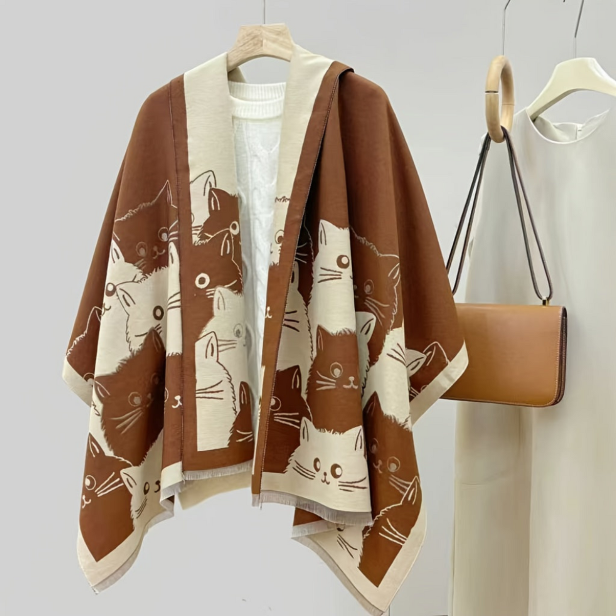 Poncho Damen mit Katzenmuster Umhang Weich Warm