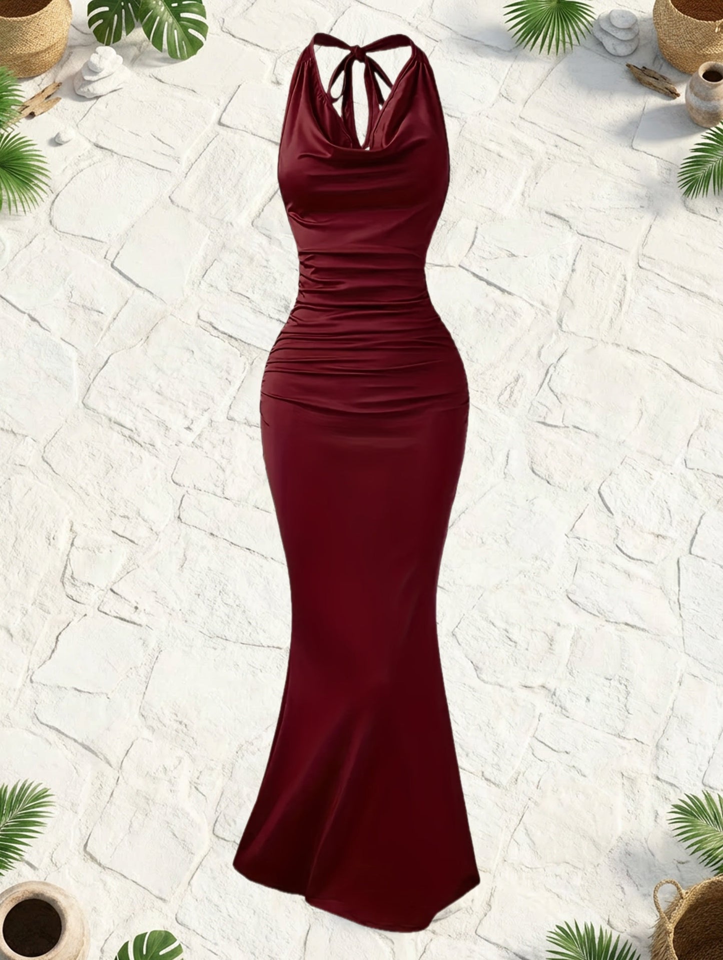 Damen Elegantes Abendkleid mit Wasserfallausschnitt und Rückenbindung – Figurbetontes Maxikleid für besondere Anlässe