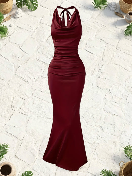 Damen Elegantes Abendkleid mit Wasserfallausschnitt und Rückenbindung – Figurbetontes Maxikleid für besondere Anlässe