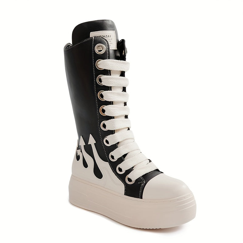 Damen High-Top Sneaker Stiefel Schwarz mit Schnürung & Plateau Sohle