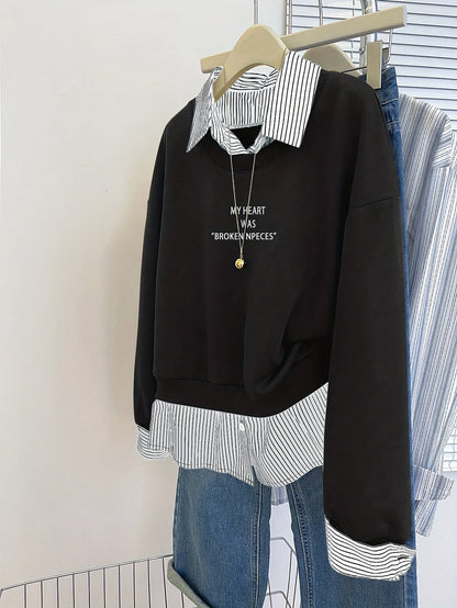 Damen Sweatshirt mit Kragen und Streifen-Einsatz – Schwarz