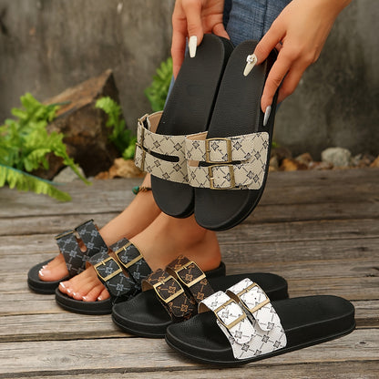 Damen Slide Sandalen mit Doppelriemen und Schnallen – Modische Freizeitschuhe für Alltag und Urlaub