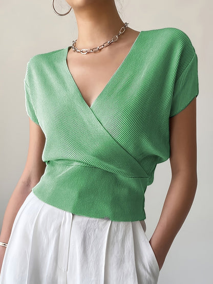Damen Wickelshirt mit V-Ausschnitt – Eleganter Sommer Pullover Kurzarm für Freizeit & Büro