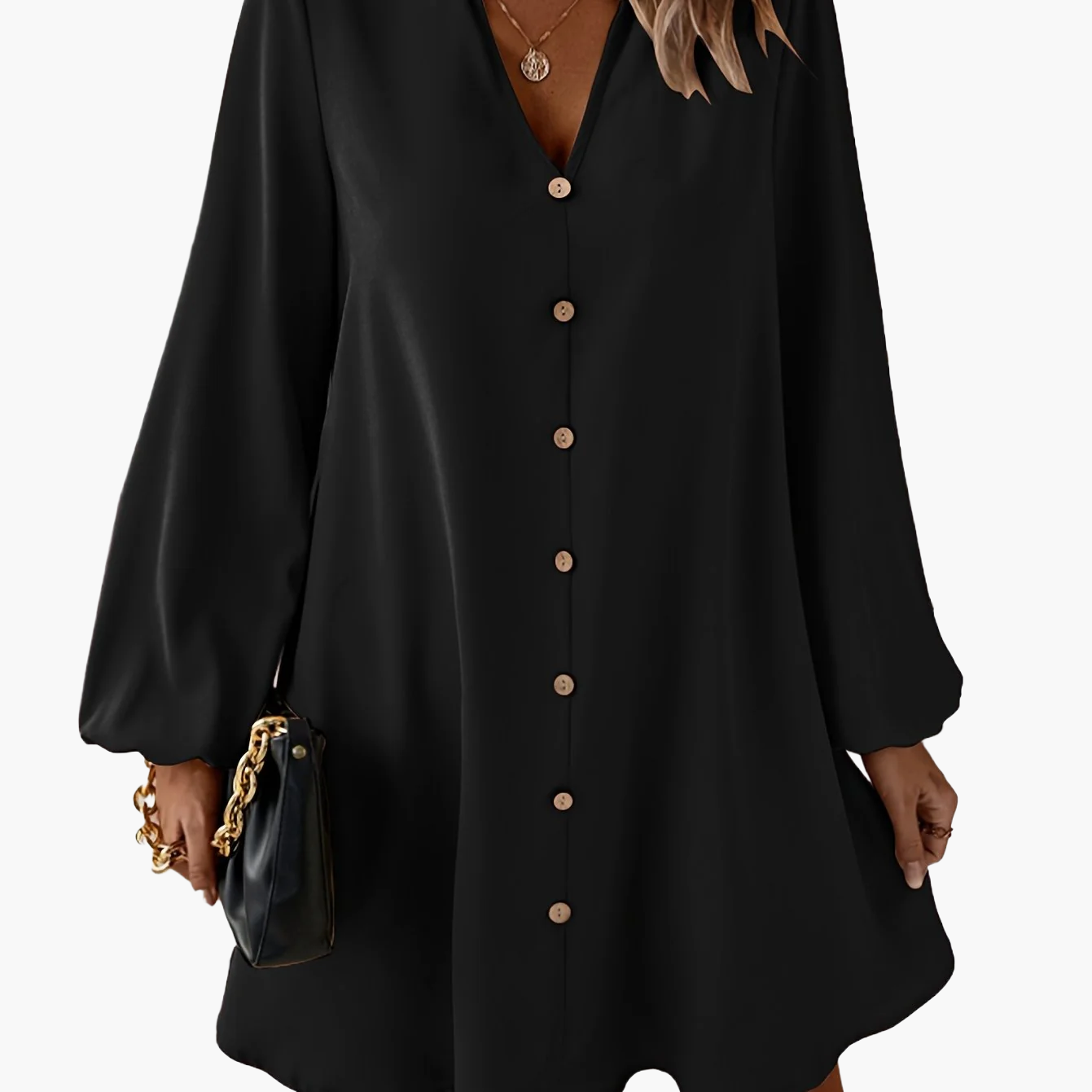 Damen Elegantes Freizeitkleid mit Knopfleiste und V-Ausschnitt – Lässig Modern für Alltag & Büro
