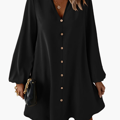 Damen Elegantes Freizeitkleid mit Knopfleiste und V-Ausschnitt – Lässig Modern für Alltag & Büro