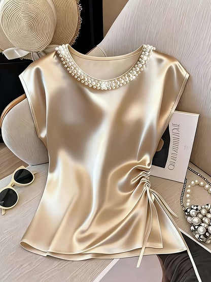 Damen Elegante Bluse mit Perlenkragen und Raffungsdetail – Stilvolles Kurzarm-Oberteil für festliche Anlässe oder Büro