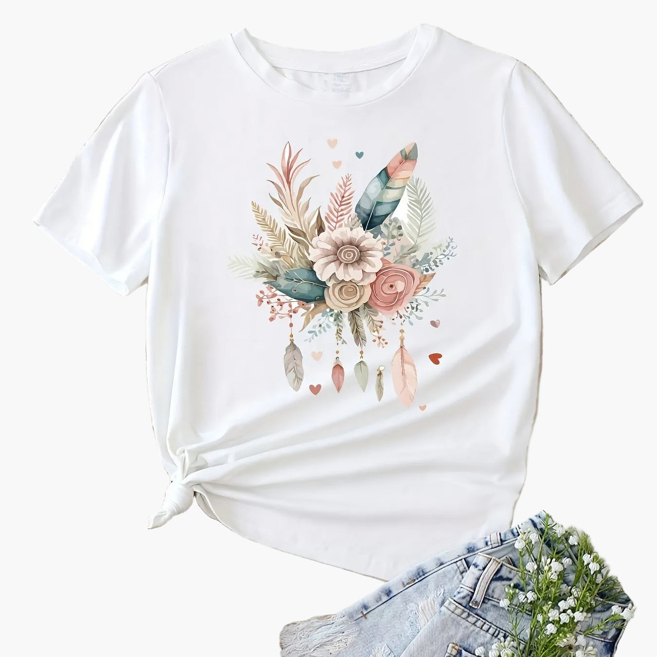 Damen T-Shirt mit floraler Boho-Feder Grafik – Modisches Freizeitshirt für Frühling und Sommer