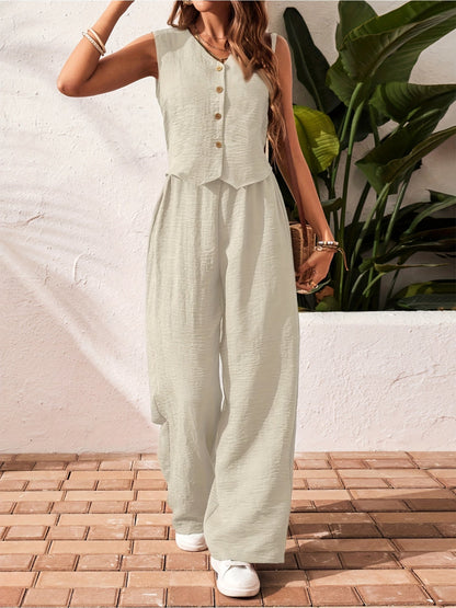 Damen Zweiteiler Jumpsuit mit Weste und Knopfleiste – Eleganter Sommeranzug für Alltag und Urlaub