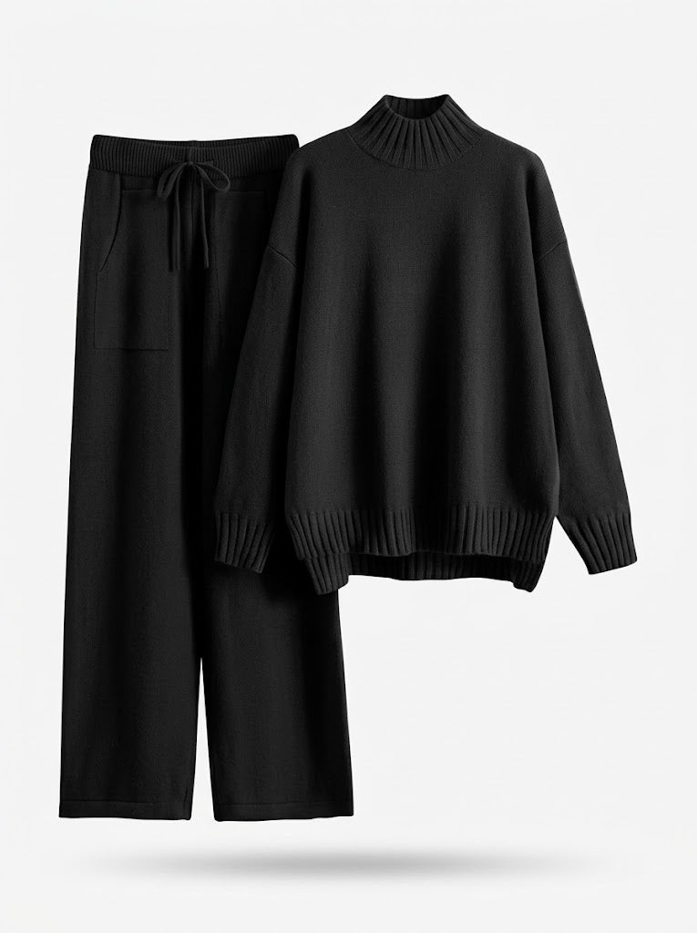 Strick-Loungewear-Set Damen, Hochgeschlossener Pullover & weite Hose, Blau