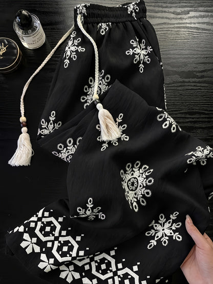Damen Palazzo-Hose mit Boho-Stickerei und lässigem Schnitt