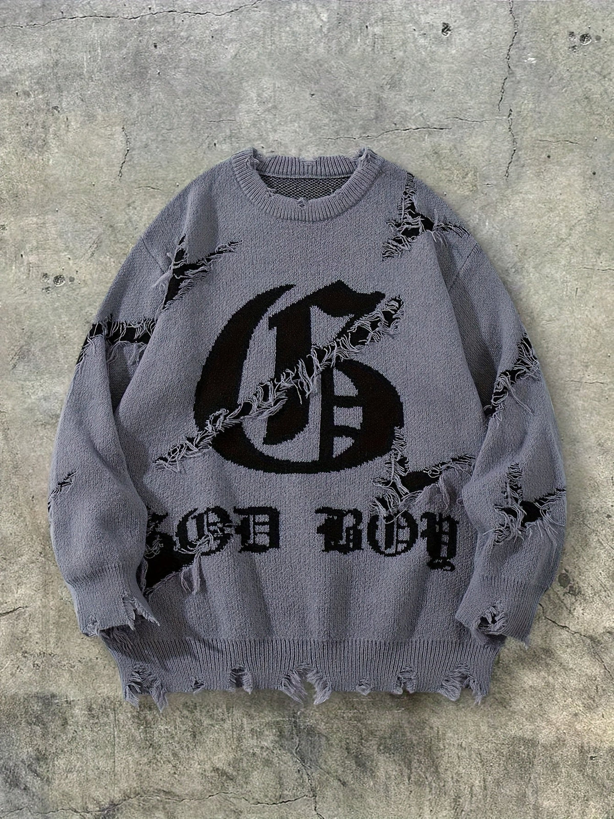 Unisex Pullover mit Riss-Details und Rundhalsausschnitt in Distressed-Optik
