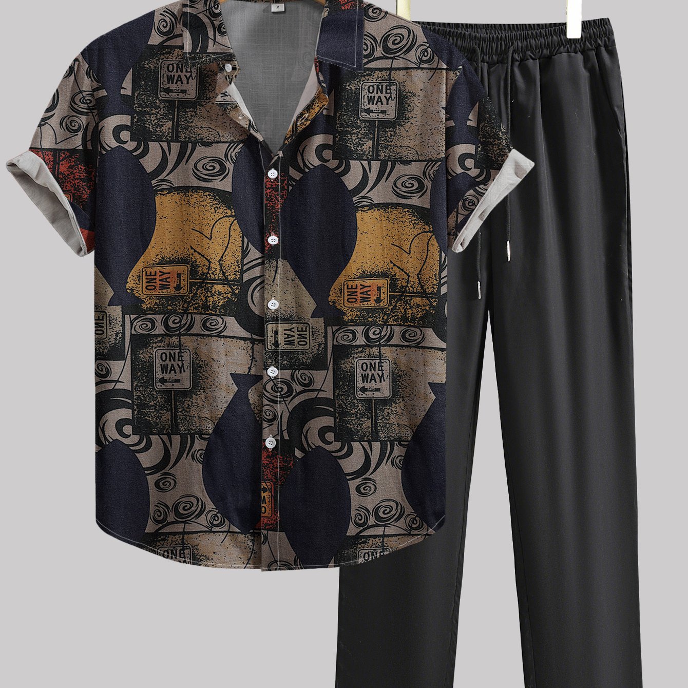 Herren Set Kurzarmhemd mit Grafikmuster und Hose – Modisches Freizeit-Outfit mit künstlerischem Design