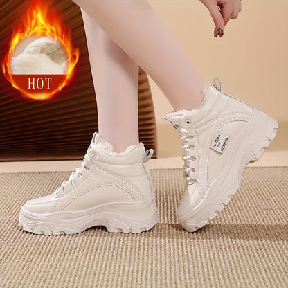 Damen Plateau Sneaker Stiefel Winter Weiß Beige Gefüttert Hoch Profilsohle