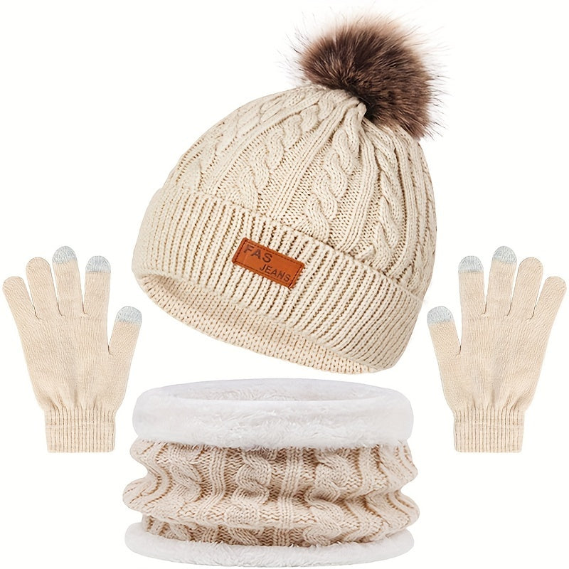 Wintermützen Set Strickmütze Beanie Pompon Schal Handschuhe Touchscreen