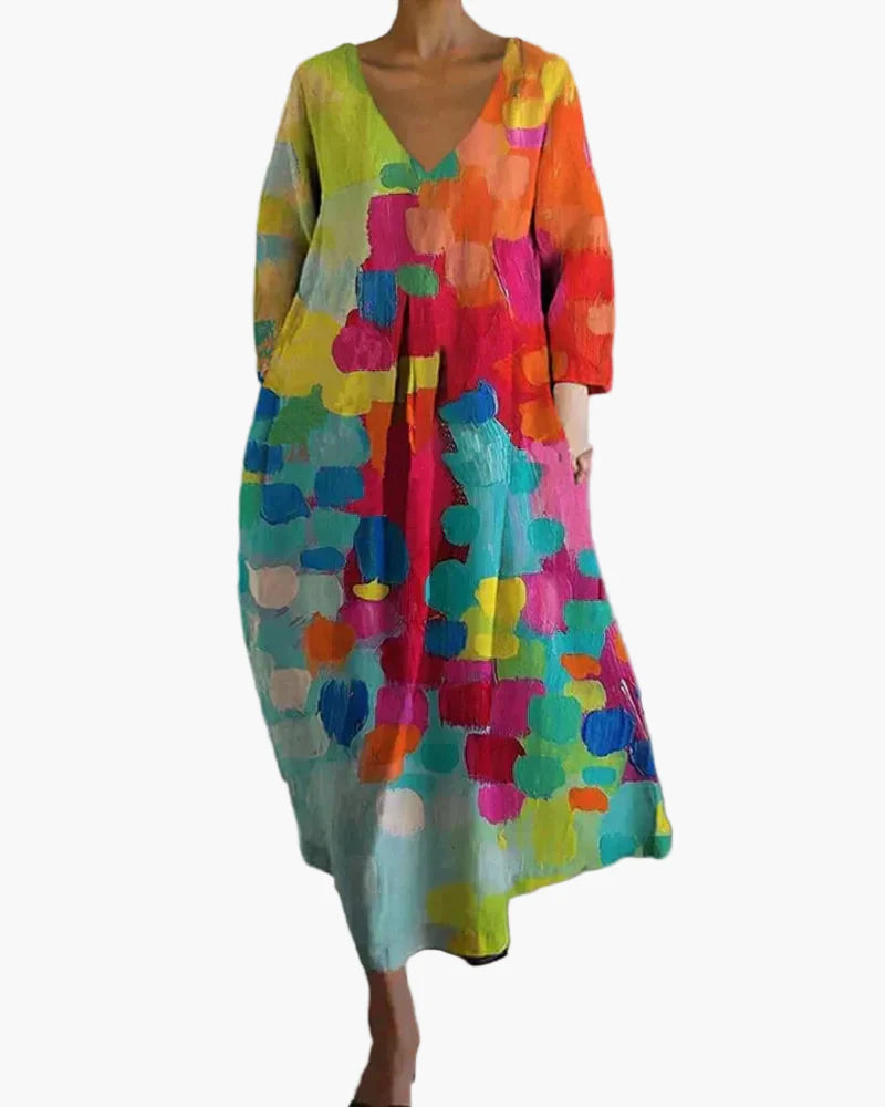 Damen Maxikleid mit abstraktem Print und V-Ausschnitt – Künstlerisches Freizeitkleid für Alltag und besondere Anlässe