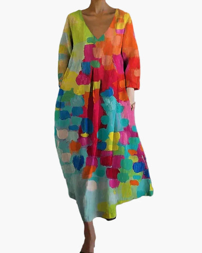 Damen Maxikleid mit abstraktem Print und V-Ausschnitt – Künstlerisches Freizeitkleid für Alltag und besondere Anlässe