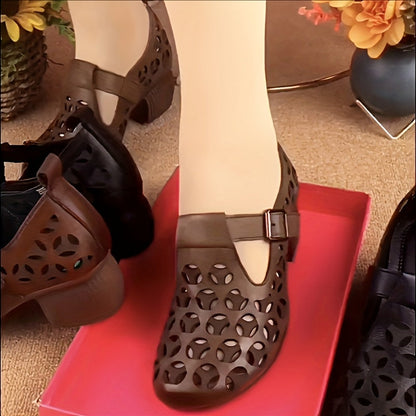 Damen Mary Jane Blockabsatz Schuhe im modischen Cut-Out Design – Stilvolle Alltagsschuhe für Frühling und Freizeit
