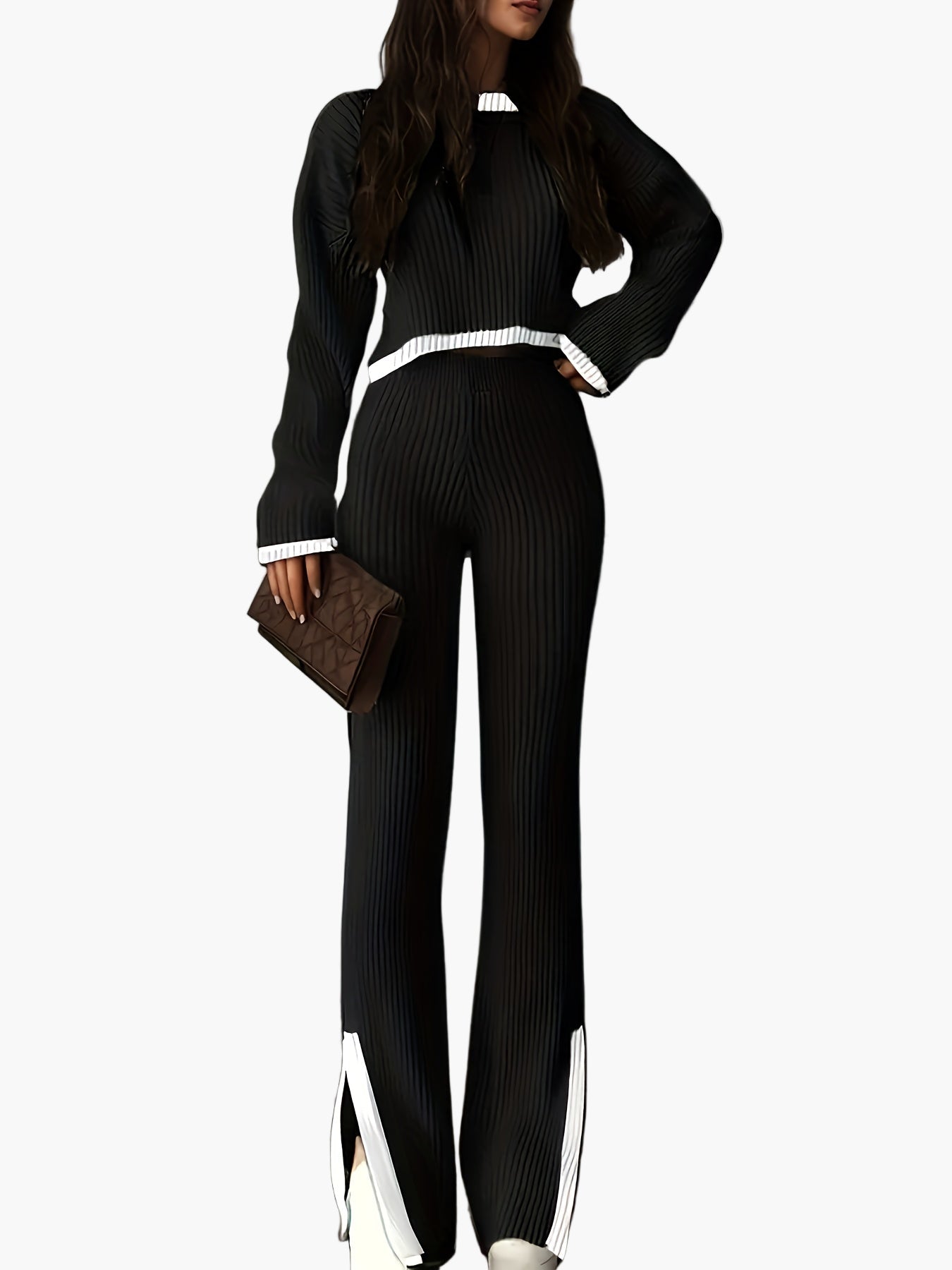 Damen Elegantes Strickset mit weitem Bein – Perfekt für Herbst und Winter, modischer Zweiteiler mit Pullover und Hose