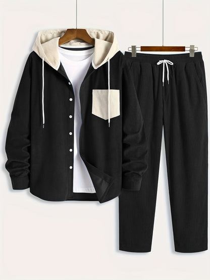 Herren Rippstrick Freizeithemd mit Kapuze & Hose Set