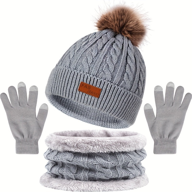 Wintermützen Set Strickmütze Beanie Pompon Schal Handschuhe Touchscreen