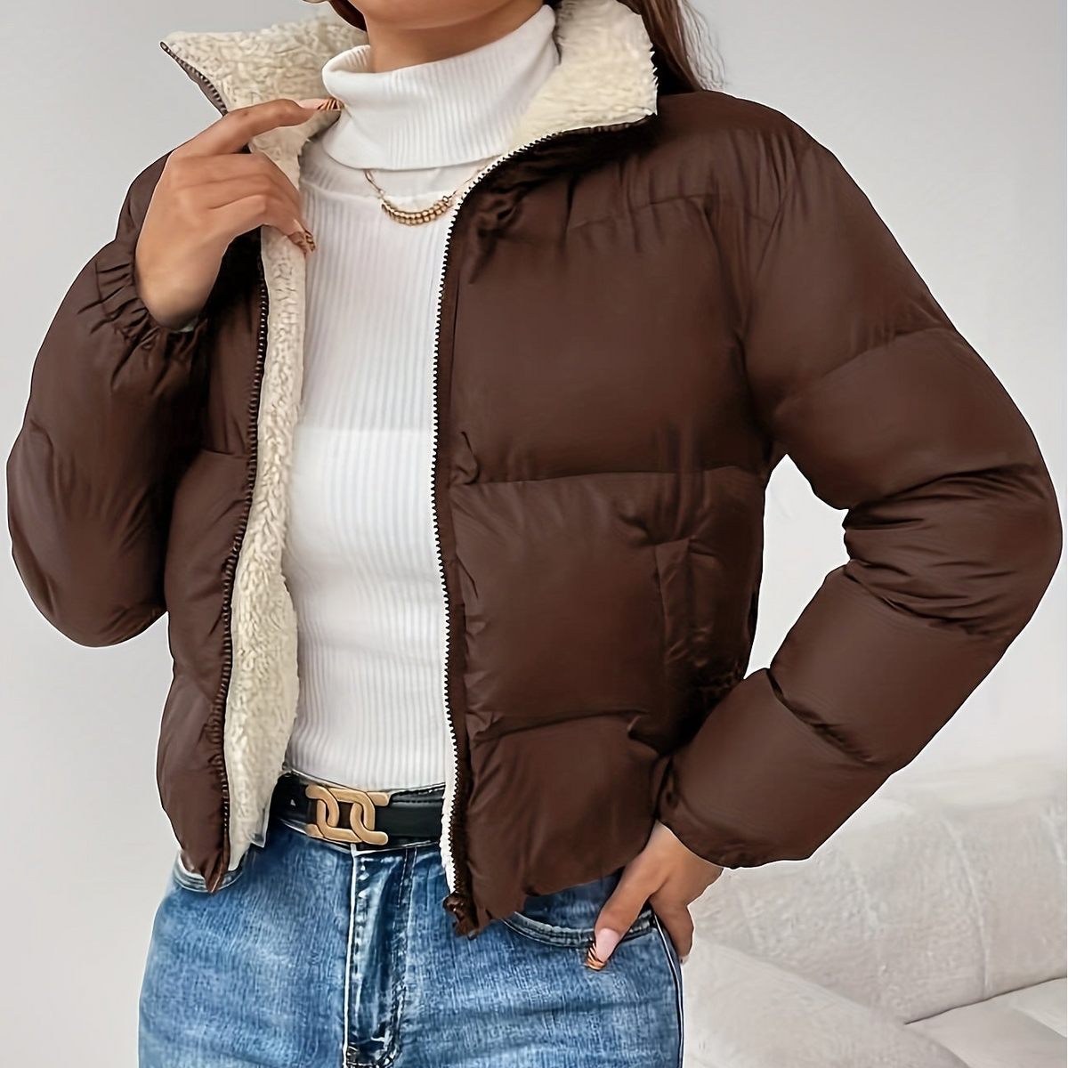 Damen Steppjacke mit Teddyfutter, kurz geschnitten, Reißverschluss