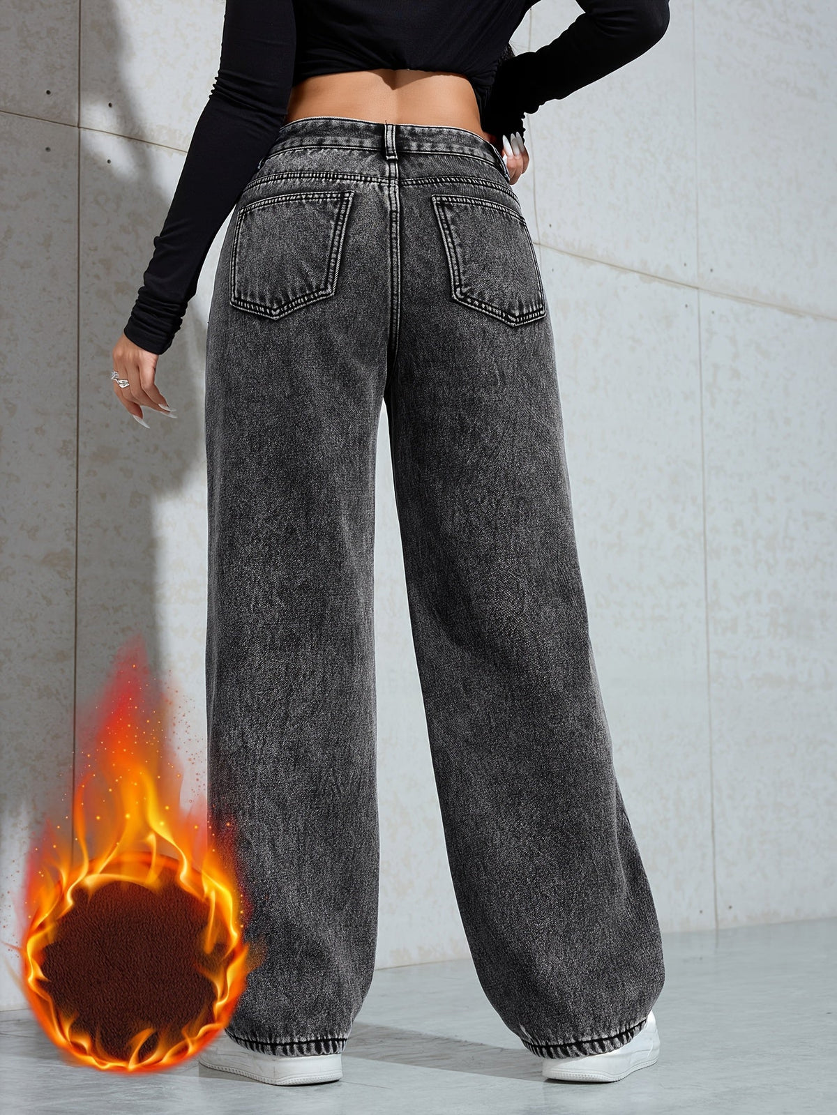 Damen Jeans Hose Loose Fit High Waist Schwarz mit Fleece-Futter
