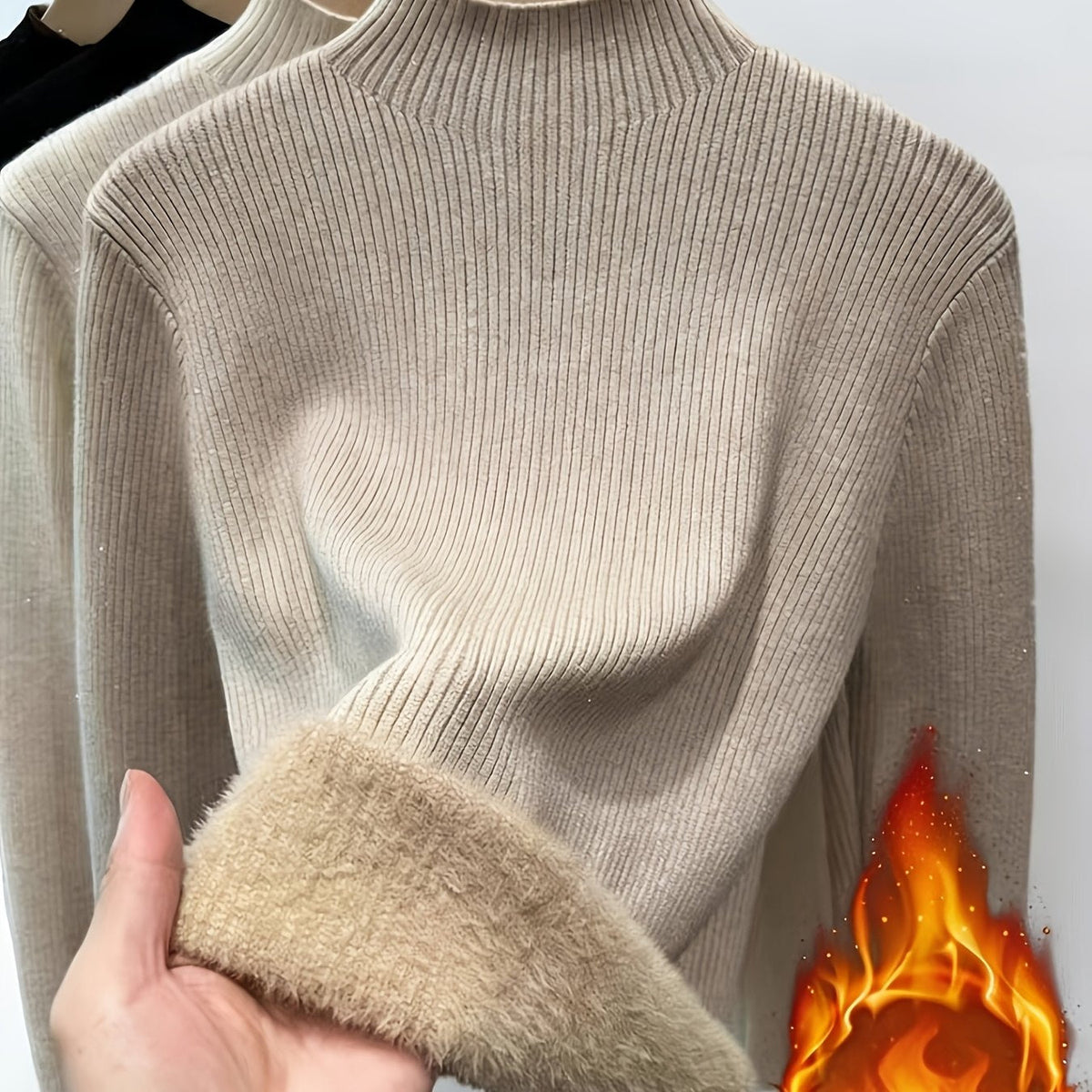Damen Rippstrick Pullover Stehkragen mit flauschigem Innenfutter Beige