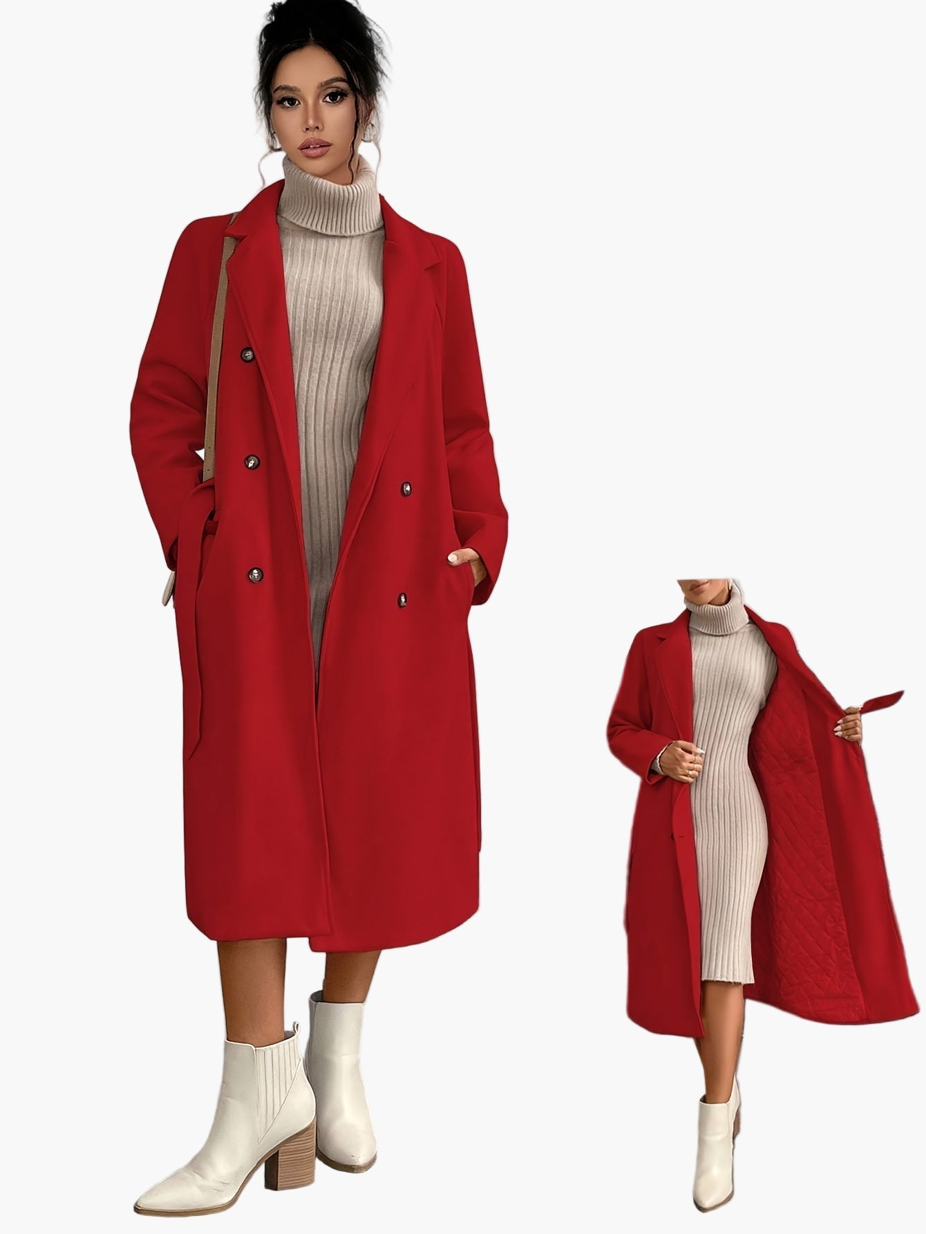 Damen Eleganter Wintermantel mit Gürtel – Langer Veganer Wollmantel für Büro und Alltag
