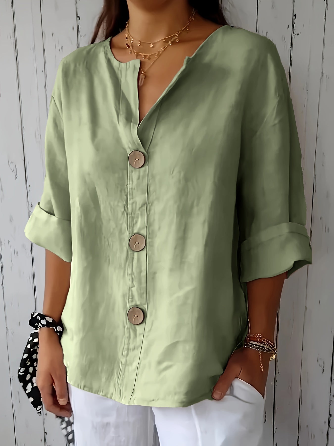 Damen Bluse mit Knopfleiste und 3/4-Ärmeln – Casual Eleganz für Alltag & Büro
