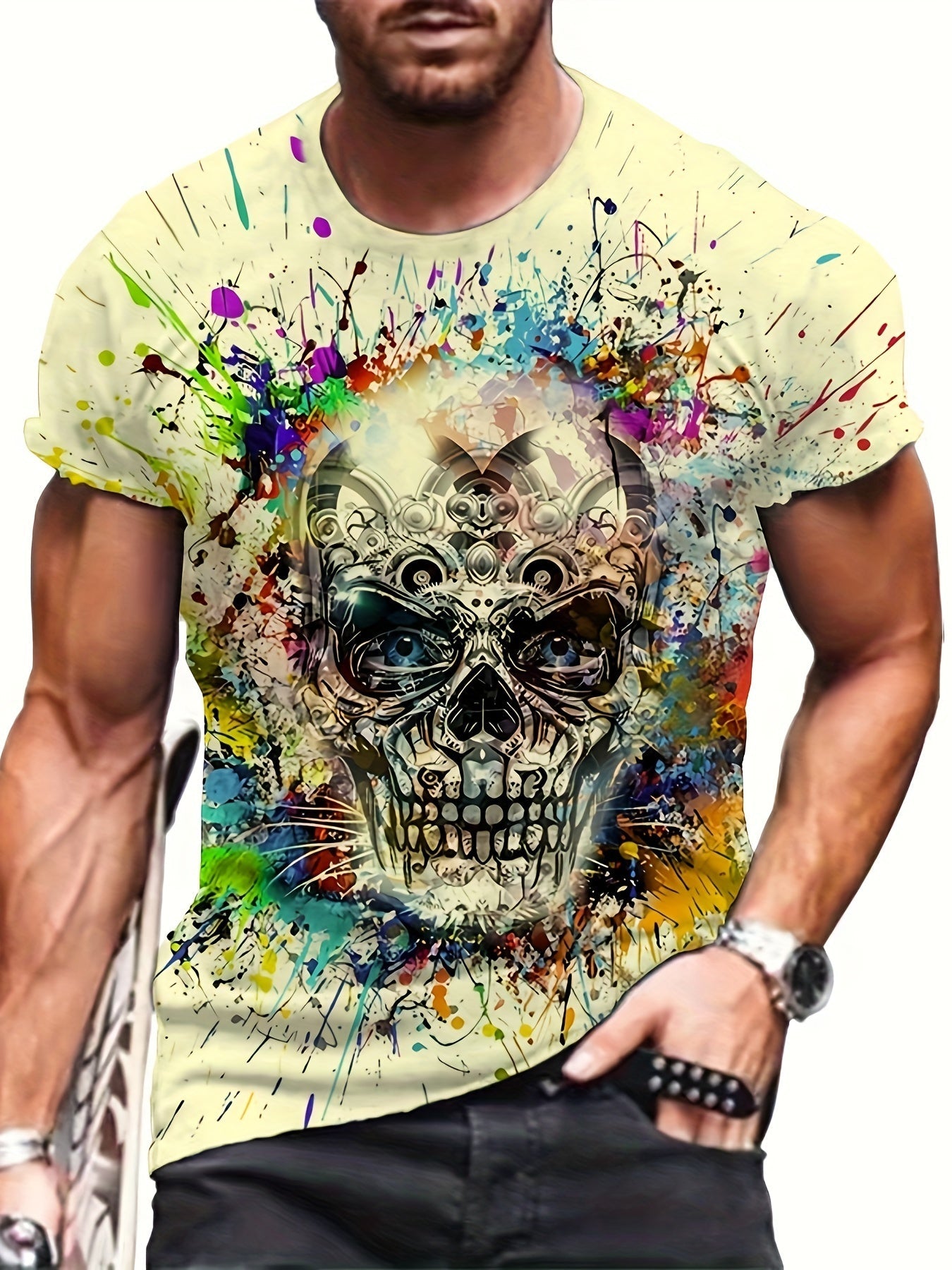 Herren T-Shirt mit Totenkopf und Farbklecks Design – Urban Streetwear, Kurzarm, Plus Size