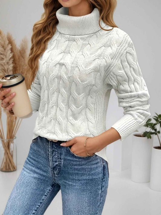 Damen Rollkragenpullover mit Zopfmuster, langärmelig, Strickpullover