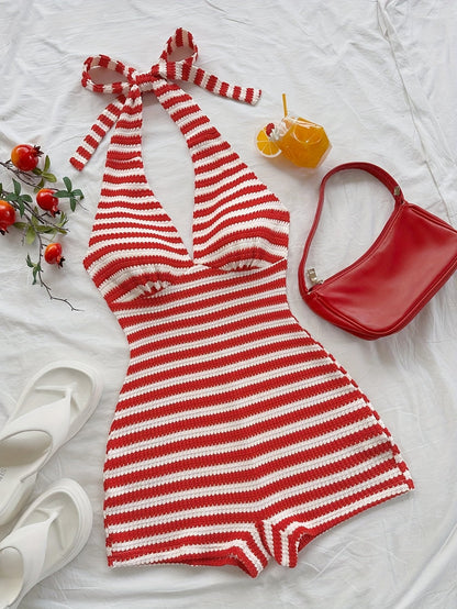 Damen Retro-Halter-Strampler mit Streifen – Verspielter Einteiler für Sommer und Urlaub
