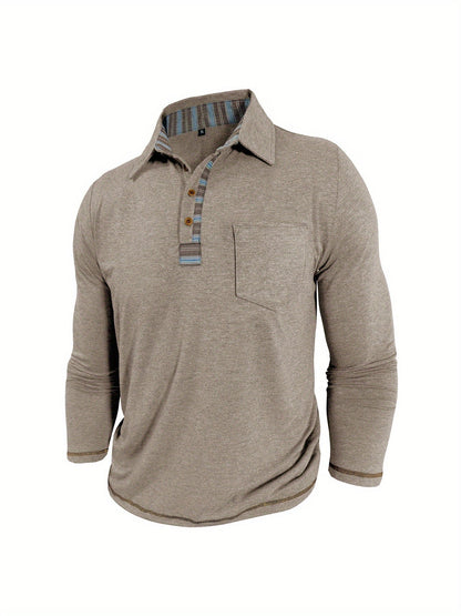 Herren Langarm Polo-Shirt mit Kragen, Knopfleiste und Brusttasche
