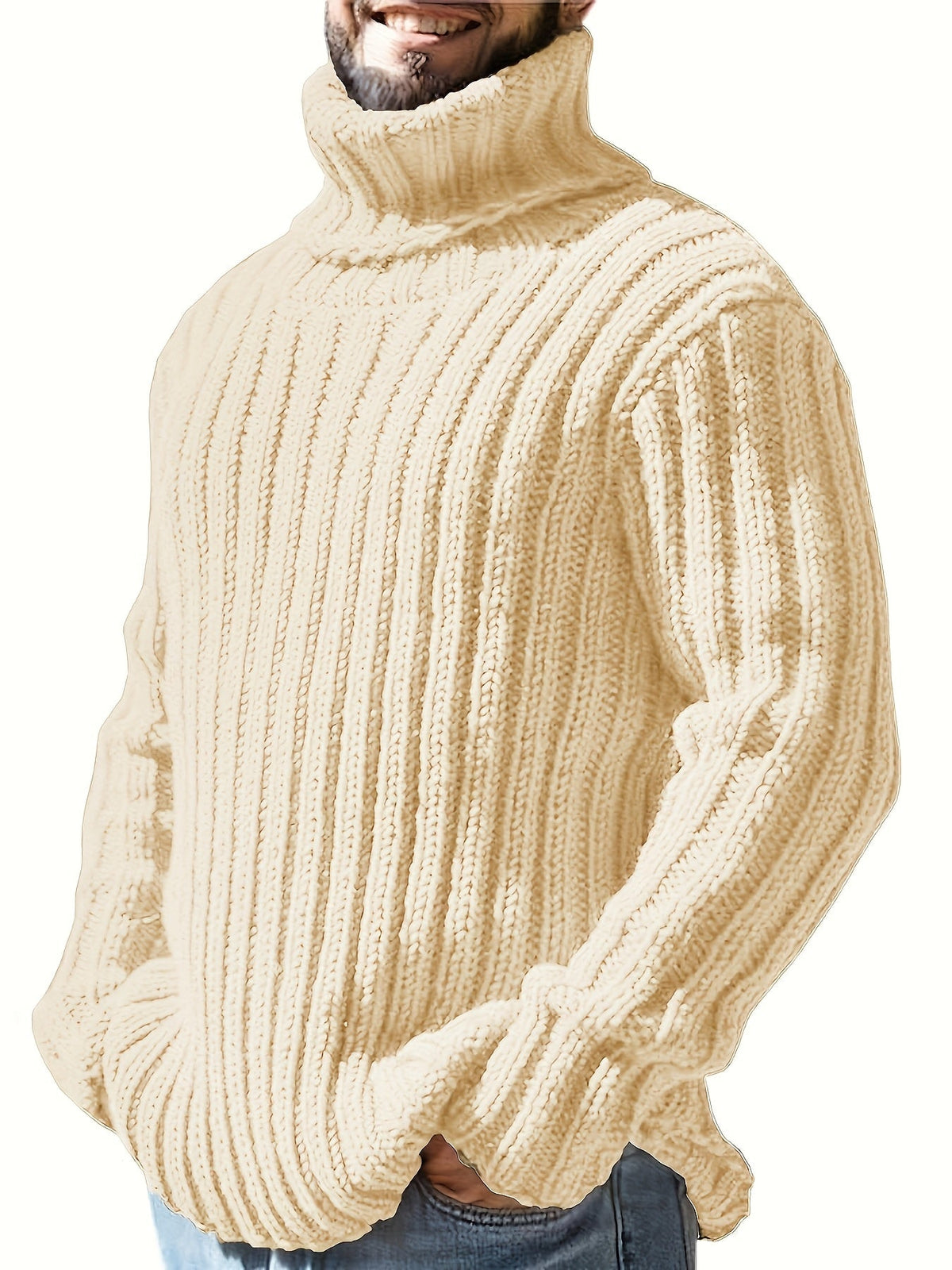 Herren Rollkragenpullover, grob gestrickt, Rippmuster, Schwarz