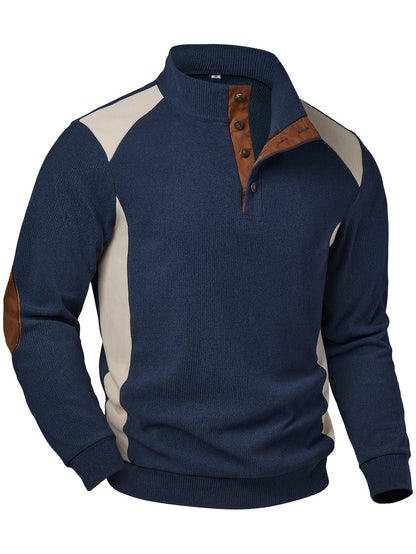 Herren Strickpullover Blau Beige mit Stehkragen und Ellenbogen-Patches