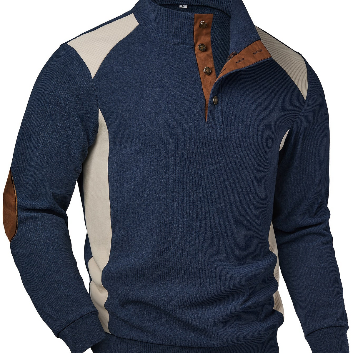 Herren Strickpullover Blau Beige mit Stehkragen und Ellenbogen-Patches