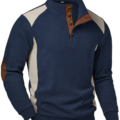Herren Strickpullover Blau Beige mit Stehkragen und Ellenbogen-Patches