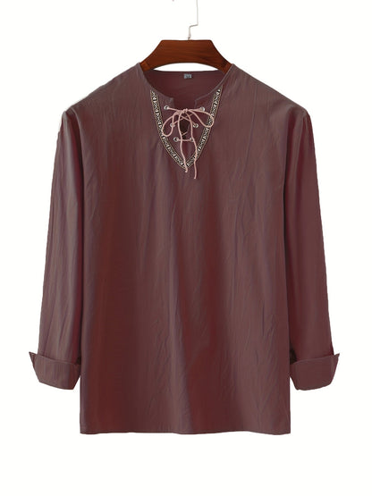 Herren Vintage Tunika mit Schnürung und geometrischem Muster – Boho Style Langarm Shirt