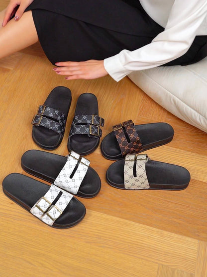 Damen Slide Sandalen mit Doppelriemen und Schnallen – Modische Freizeitschuhe für Alltag und Urlaub