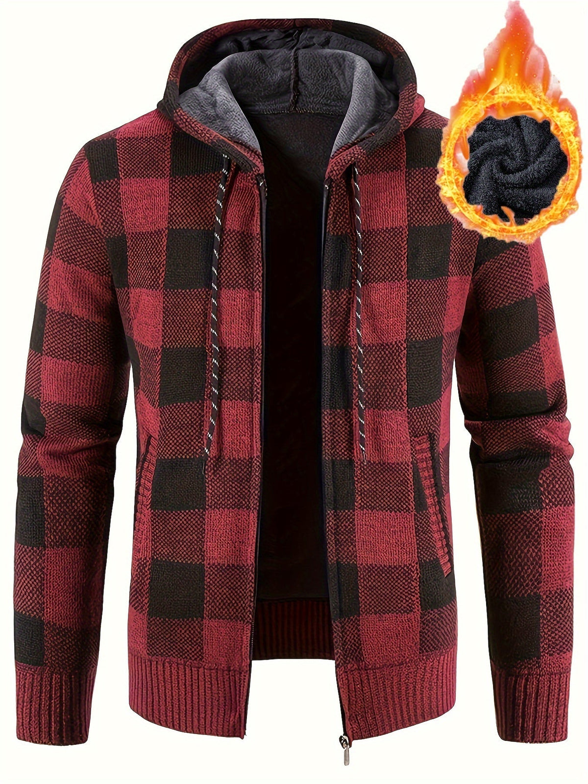 Herren Hoodie mit Reißverschluss, kariert, gefüttert, warm, Braun Schwarz