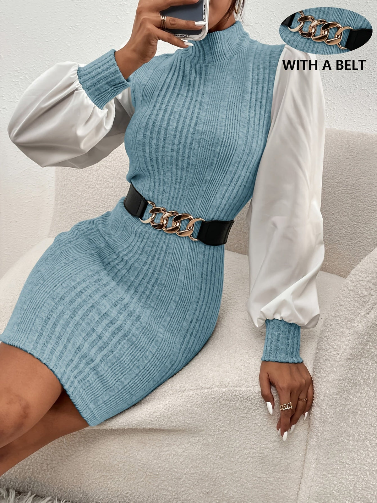 Damen Strickkleid hochgeschlossen Langarm Etui-Stil mit Gürtel