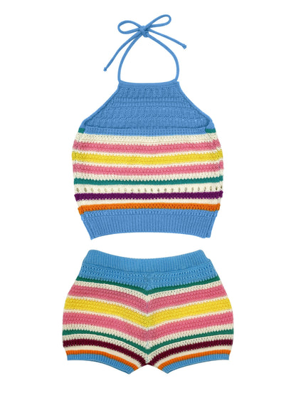 Damen Häkel-Strick Zweiteiler Set – Trendiges Y2K Outfit mit Haltertop und Shorts, Ideal für Sommer & Freizeit