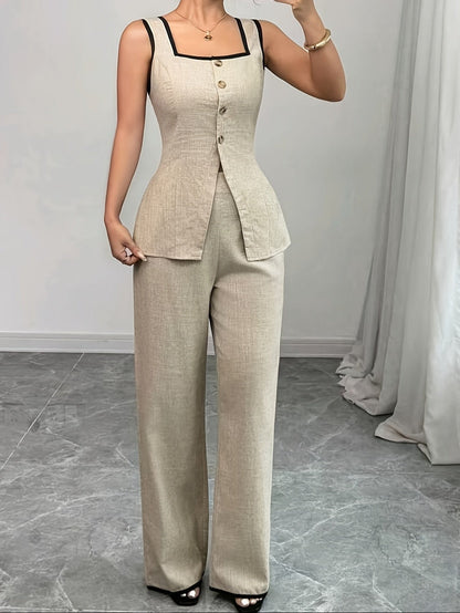 Damen Eleganter Zweiteiler Hosenanzug mit Knopfleiste und Schößchen für Büro & Alltag