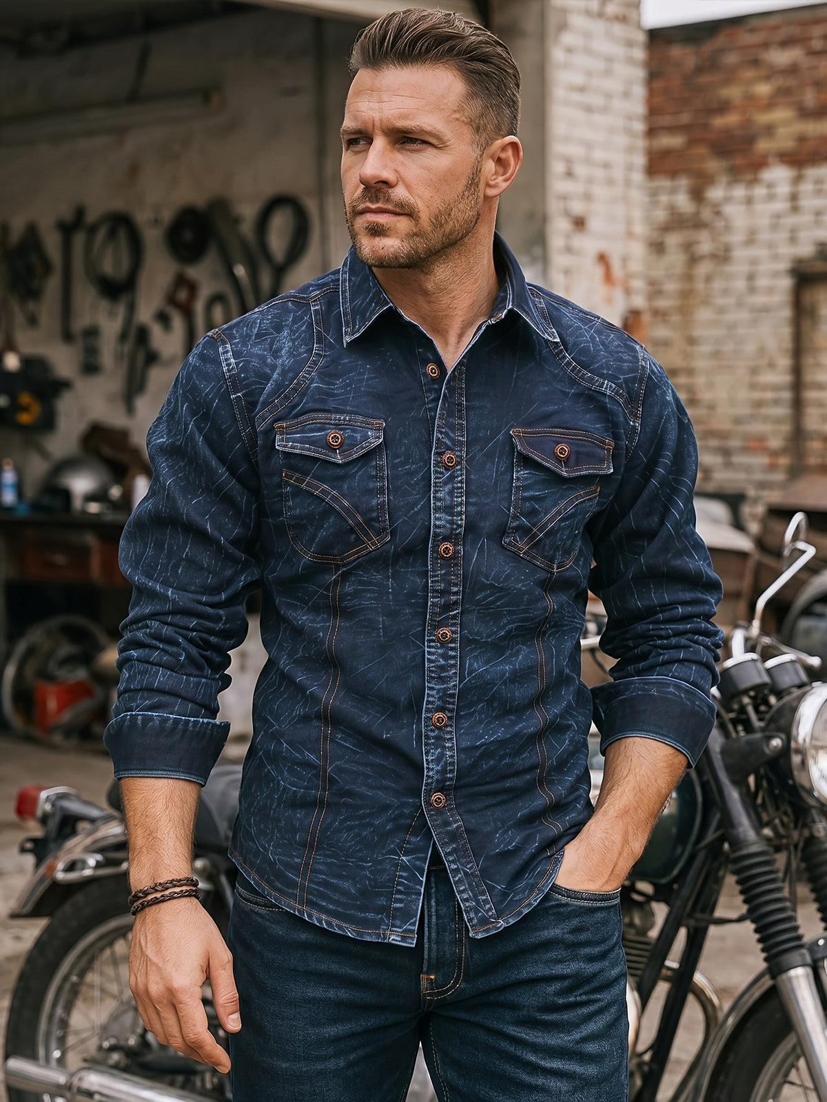 Herren Jeanshemd mit Washed-Effekt, langen Ärmeln und Brusttaschen
