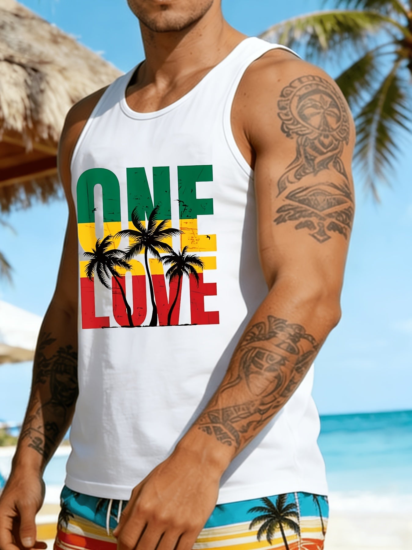 Herren Tanktop mit One Love Print und Palmen Grafik – Reggae Style für Strand und Freizeit