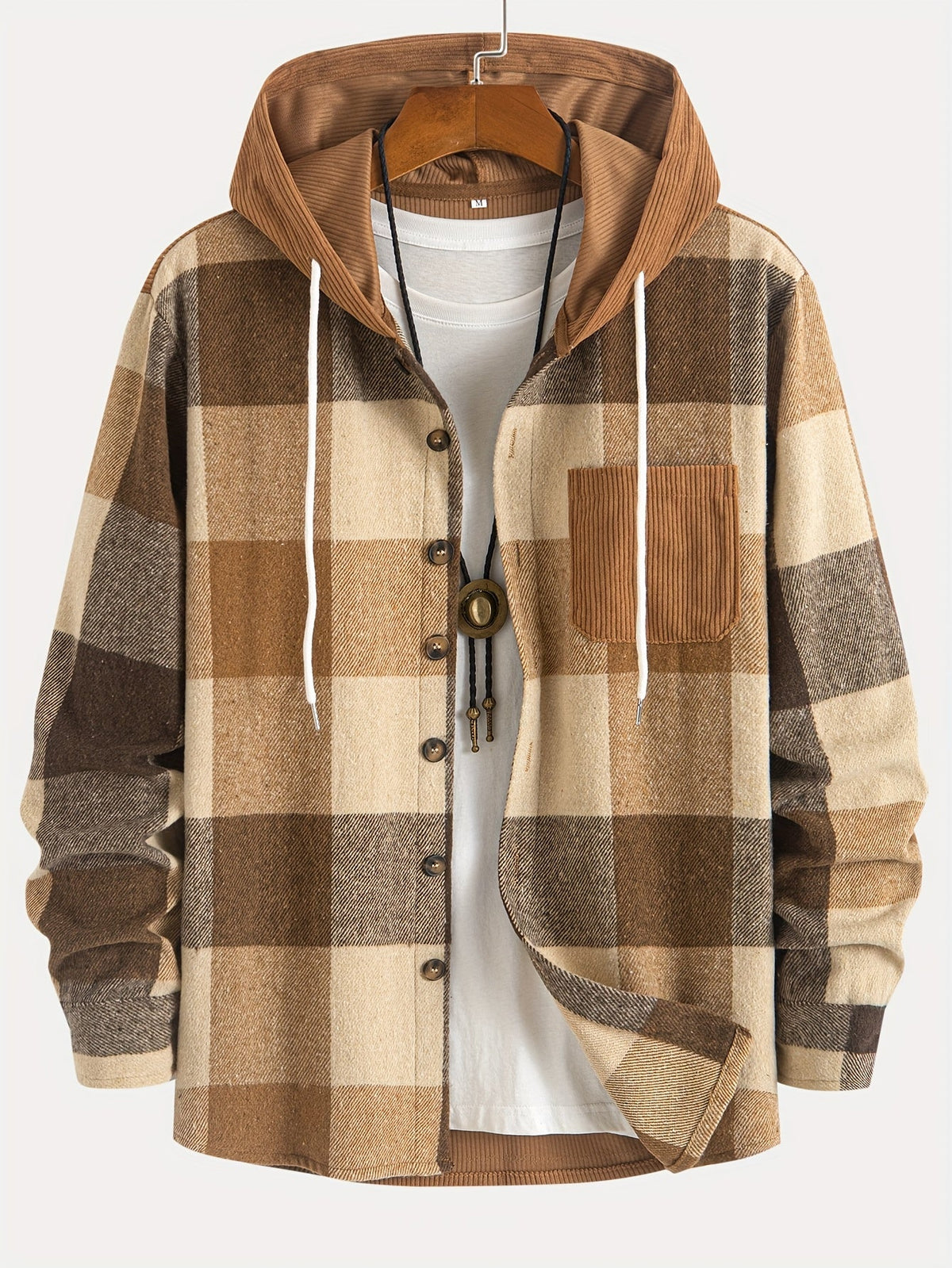 Herren Kariertes Hemd Jacke mit Kapuze & Brusttasche