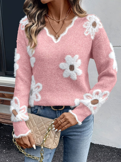 Damen Pullover mit Blumenmuster und V-Ausschnitt – Verspielter Strickpulli im lässigen Stil