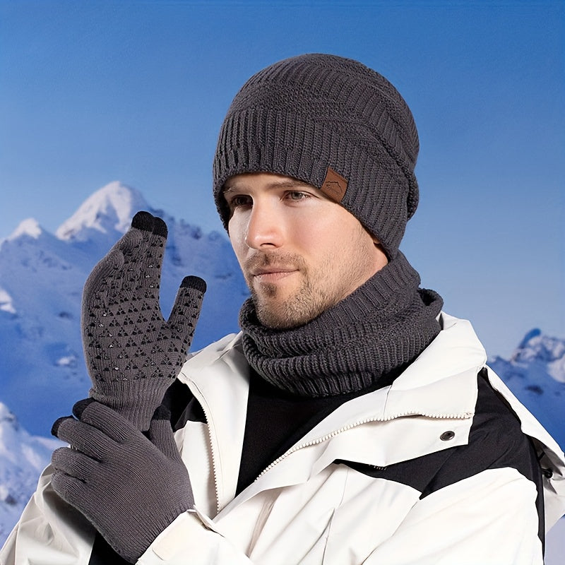 Unisex Winter Set 4-teilig: Strickmütze, Loop-Schal, Touchscreen-Handschuhe & Socken mit Futter